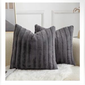 Set of 2 Gray Soft Faux Fur and Black Throw Pillow Covers 22”x22”